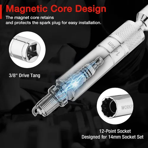 Miniatura 6 de WORKPRO Enchufe magnético para bujías de 5/8 pulgadas con diseño magnético, enchufe giratorio de pared delgada para bujías, unidad de 3/8 pulgadas x