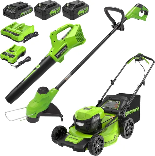 Greenworks 48V (24V x 2) Herramienta de patio inalámbrica de alto rendimiento Combo: cortacésped autopropulsado de 21 pulgadas, recortadora y