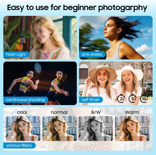 Miniatura 4 de Cámara digital 4K, cámara de vlogging de 64MP para fotografía con pantalla abatible de 180° de 3 pulgadas, cámara digital compacta 16X con tarjeta