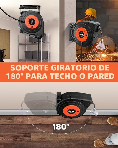 Miniatura 7 de DEWENWILS Carrete de cable de extensión retráctil, cable de alimentación resistente de 50 pies, 14AWG/3C SJTOW, 3 tomas de tierra con triple llave