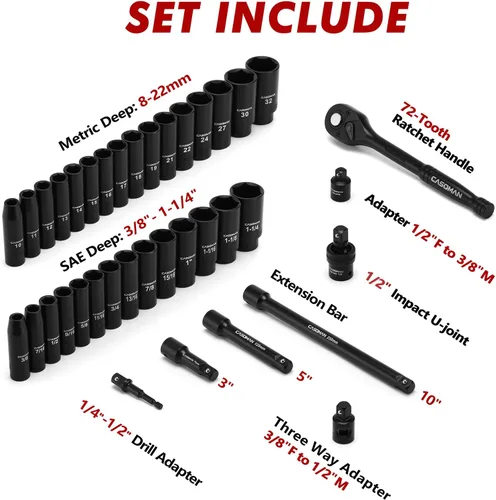 Miniatura 3 de CASOMAN Juego de llaves de impacto Drive Master de 1/2 pulgada, 38 piezas de profundidad, estándar SAE (3/8" a 1-1/4") y métrico (0.394-1.260 in)