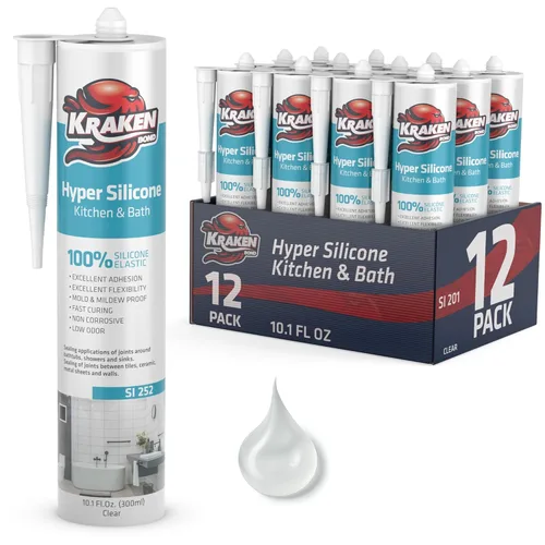 Miniatura 6 de Kraken Bond Sellador de calafateo Hyper Clear (1 x 10.1 onzas líquidas) de curado rápido, 100% silicona neutra para cocina y baño, bañera, ducha