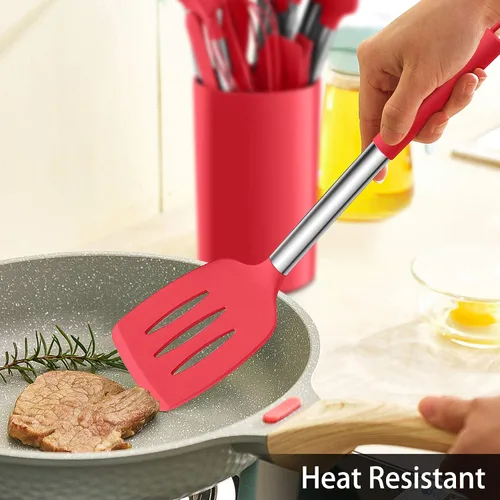 Miniatura 5 de LIANYU Juego de utensilios de cocina de 15 piezas con soporte, herramientas de cocina de silicona, mango de acero inoxidable, espátula ranurada, Rojo
