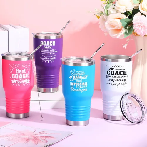 Miniatura 4 de Uiifan 4 juegos de vasos con tapas y pajitas, vaso de acero inoxidable de 30 onzas, regalo de agradecimiento para fútbol de baloncesto