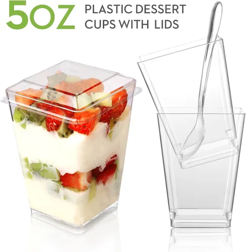 Miniatura 4 de Paquete de 100 Vasos de Postre de Plástico de 5 oz con Tapas y Cucharas, Vasos de Parfait de Yogur y Aperitivos para Fiestas, Mini Vasos de Postre