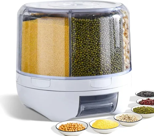 Miniatura 9 de Dispensador de Granos Slow Slog, Contenedor de Almacenamiento Giratorio de 360°, Dispensador de Alimentos de 6 Rejillas con Tapa Sellada