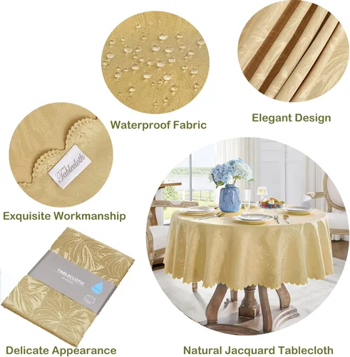 Miniatura 5 de Mantel redondo de tela de 60 pulgadas, mantel con diseño de hojas, borde festoneado, mantel sedoso, impermeable, resistente a las arrugas, lavable