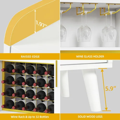 Miniatura 8 de DWVO Armario de bar de vinos con luces LED y tomas de corriente, gabinete de barra de café de 53 pulgadas para licor y vasos, aparador moderno