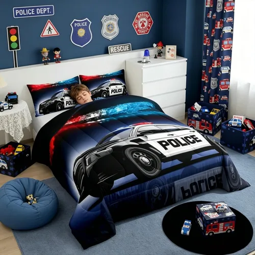 Miniatura 3 de Erosebridal Juego de edredón de coche de policía, tamaño Queen, juego de ropa de cama de vehículo de policía para niños y niños, edredón de plumón