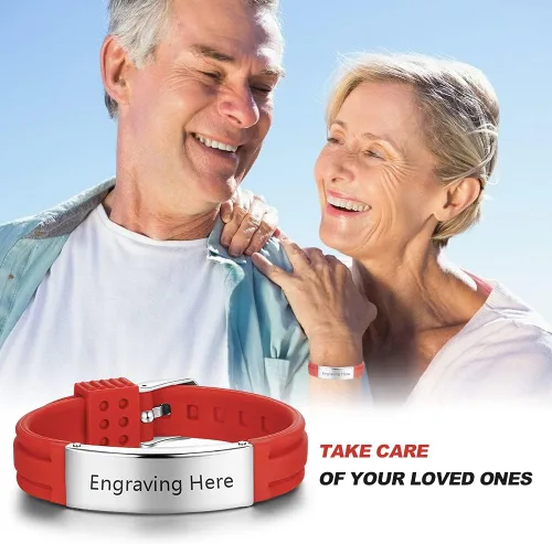 Miniatura 35 de OPALSTOCK Pulseras médicas personalizadas de silicona ajustable para identificación de emergencias, grabado gratuito, 9 pulgadas, resistente al