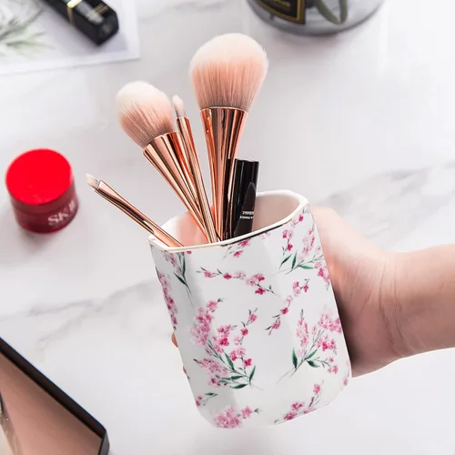 Miniatura 6 de Soporte para bolígrafo para escritorio, con patrón floral, taza de lápices para niñas, niños, organizador de escritorio de cerámica duradero, Rosa
