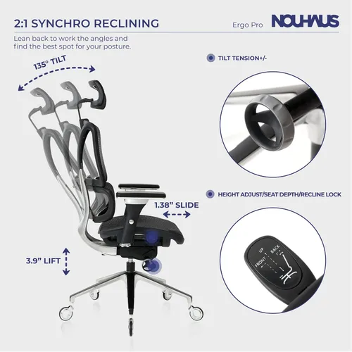 Miniatura 7 de Nouhaus Silla ergonómica de oficina con respaldo lumbar de aleación de aluminio, respaldo alto, silla de escritorio de computadora con reposacabezas