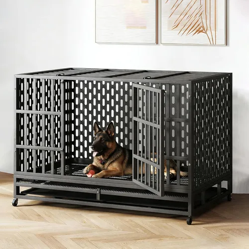 Miniatura 10 de Jaula para perros de alta resistencia de 38 pulgadas, a prueba de escapes de acero, jaula indestructible de doble puerta para interiores, perrera