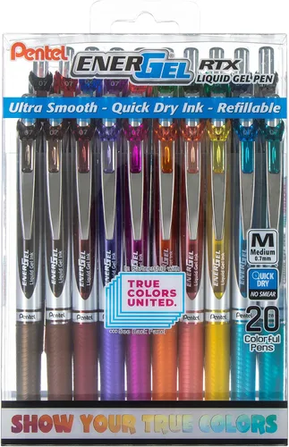 Pentel EnerGel RTX True Colors United - Línea mediana de 0.028 in, 20 colores de tinta surtidos, paquete de 20 bolígrafos BL77PC20MTCU