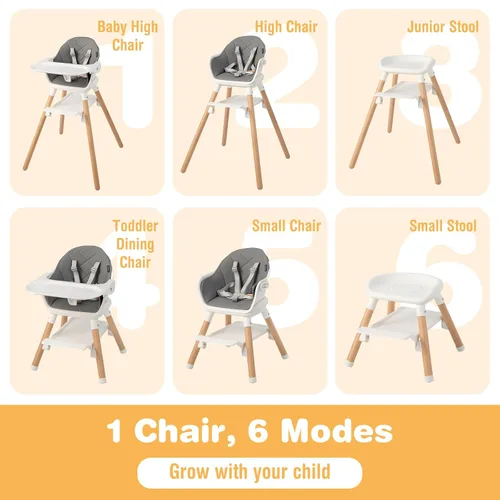 Miniatura 2 de BABY JOY Silla alta para bebé, silla alta convertible 6 en 1 de madera para bebés y niños pequeños con patas ajustables, doble bandeja extraíble