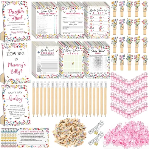 Miniatura 21 de Sherr 476 juegos florales de baby shower, 6 juegos de actividades, tarjeta floral, juego de caza de chupetes, 50 chupetes, qué tan grande es mamá