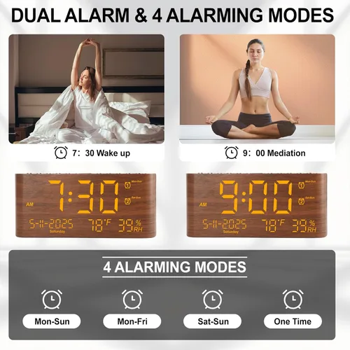 Miniatura 4 de PPLEE Reloj despertador digital de 8.7 pulgadas para dormitorio, reloj digital con día de la semana, mes, año, humedad y temperatura, brillo