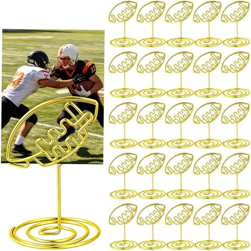 Leinuosen 30 Pcs Football Gold Photo Holders - Mini Wire Table Number Stands, Sports Theme Picture Clips for Centerpieces, Place Cards & Football