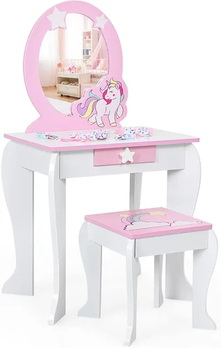 Miniatura 9 de Costzon Juego de tocador para niños con espejo, mesa de maquillaje y vestidor de princesa de madera 2 en 1 con parte superior desmontable, tocador