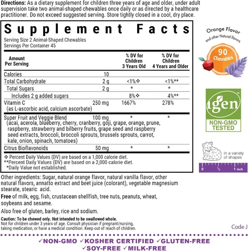 Miniatura 2 de Bluebonnet Nutrition Rainforest Animalz - Tabletas masticables de vitamina C con forma de animal, 250 mg de vitamina C, sin soja, sin gluten