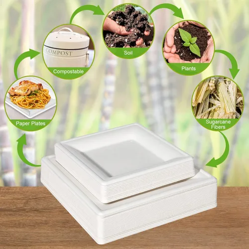 Miniatura 5 de Platos de papel cuadrados, platos de papel de 6 pulgadas, paquete de 100 platos de postre compostables ecológicos, pequeños platos desechables