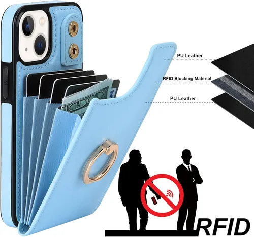 Miniatura 5 de Folosu Funda compatible con iPhone 13 Mini con soporte para tarjetas, rotación de 360°, soporte de anillo de dedo con función atril, protección Azul
