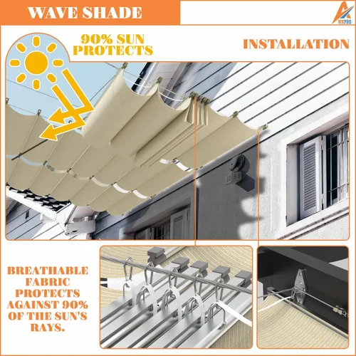 Miniatura 3 de Toldo retráctil de 4 x 12 pies, vela retráctil de cuerda deslizante, toldo de pérgola de repuesto para jardines, patios, terrazas y cenadores (beige)