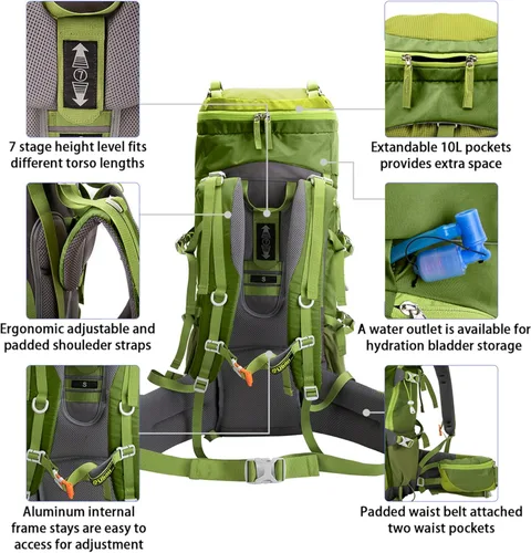 Miniatura 6 de Ubon Mochila de senderismo con marco interno de 50/60 L, mochila de camping para hombres y mujeres con cubierta de lluvia