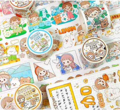 Miniatura 3 de Kawaii Art Washi Tape - Linda cinta adhesiva para escuela, suministros de oficina, estética, caricaturas, juego de cinta adhesiva decorativa