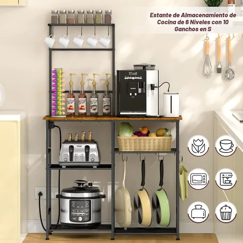 Miniatura 4 de 3IngSeagulls Estante para panaderos con toma de corriente, soporte de microondas de cocina con 10 ganchos en forma de S, estación de barra de café