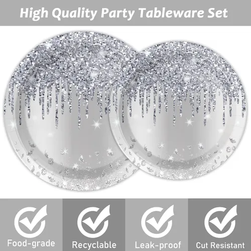 Miniatura 4 de Juego vajilla 96 piezas con brillantina plateada, decoración mesa feliz cumpleaños, diamantes con brillantina, platos de postre, servilletas