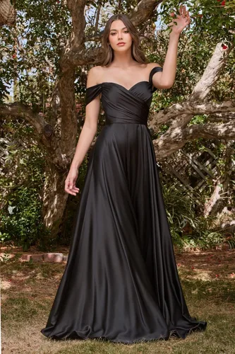 Miniatura 8 de PEIYJYUSP Vestidos de dama de honor de satén con hombros descubiertos para boda, largo, fruncido, acampanado, vestido de graduación formal