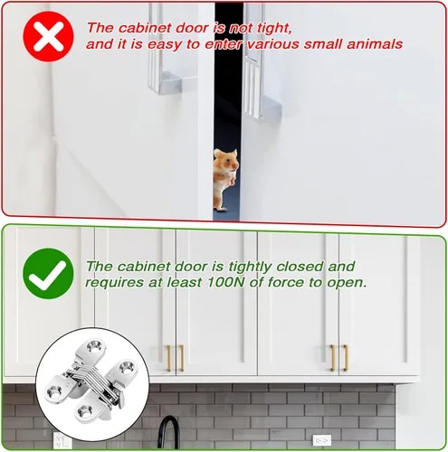 Miniatura 7 de Paquete de 4 bisagras ocultas de acero inoxidable de 180 grados para puertas y gabinetes, bisagras invisibles cruzadas y oscilantes
