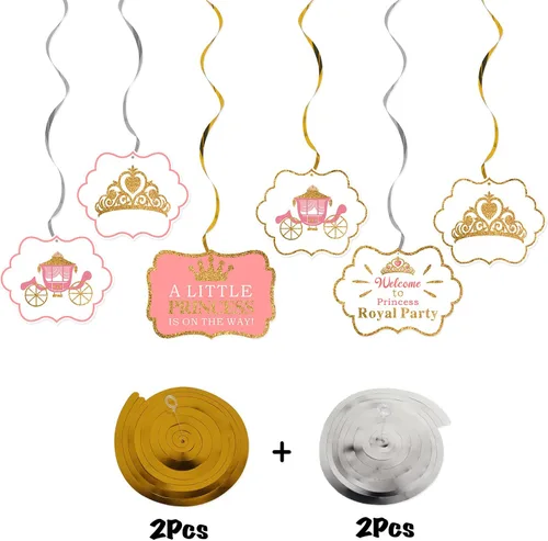 Miniatura 4 de LINGTEER A Little Princess Royal Crown Pink Swirls Streamers – 12 piezas de decoración de fiesta de cumpleaños de princesa para bebé, niña, regalo
