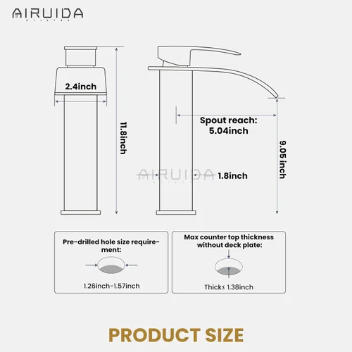 Miniatura 6 de Airuida - Grifo de cascada para baño, grifo de lavabo alto para mueble de baño, en negro mate y oro cepillado, moderno, con un solo agujero, manija