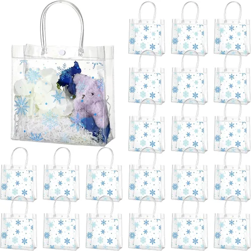 Miniatura 8 de Cholemy 24 bolsas de regalo de plástico transparente con diseño de copo de nieve de invierno con asas, bolsas de regalo transparentes