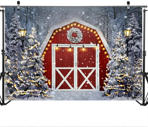 Miniatura 3 de Mocsicka Telón de fondo rojo de granero de invierno, escena de nieve de invierno, decoración de fiesta de Navidad, festival de Navidad, decoraciones