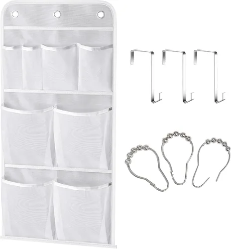 MISSLO Bolsillos de malla para colgar con capacidad para 340oz/1000ml, organizador de ducha de champú con ganchos para colgar sobre la puerta y