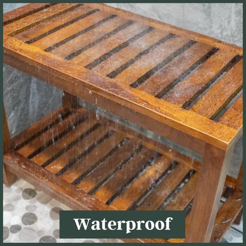 Miniatura 7 de Banco de ducha de teca de 30 pulgadas – Banco de madera totalmente montado con estante, resistente al agua, pies ajustables antideslizantes – Spa