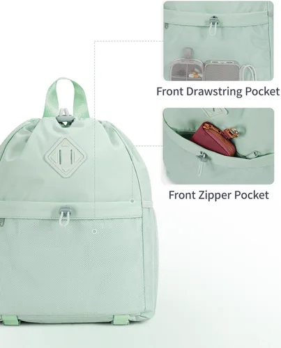 Miniatura 7 de WANDF Mochila con cordón para mujer, bolsa de gimnasio con correa para esterilla de yoga, resistente al agua, con bolsillo de malla, Verde