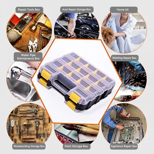 Miniatura 2 de Caja organizadora de herramientas, caja de almacenamiento de piezas pequeñas, 34 compartimentos, organizadores de hardware de doble cara con Amarillo