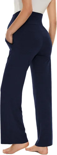 Miniatura 20 de Ecavus Pantalones de maternidad anchos y rectos para mujer, versátiles, cómodos, palazzo, elásticos, con bolsillos