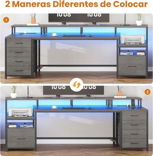 Miniatura 3 de SEDETA Escritorio para computadora de 75 pulgadas con 5 cajones, toma de corriente y luces LED, escritorio de oficina en casa con cajón de archivos