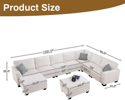 Miniatura 2 de Legend Vansen - Sofás seccionales para sala de estar, sofá en forma de L de corduroy con otomana para sala de estar, dormitorio y apartamento Crema