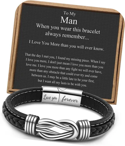 Pulsera de nudo de hombre para regalo, cuero trenzado color marrón, del infinito, de acero inoxidable, con la frase Love You Forever, para hijos,
