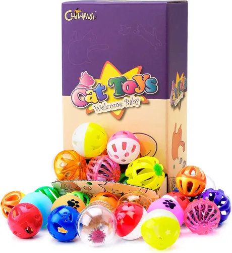 CHIWAVA Paquete de 36 bolas de juguete de plástico ruidosas para gatos con campana, juguete de persecución de gatitos, 8 tipos, tamaño de colores