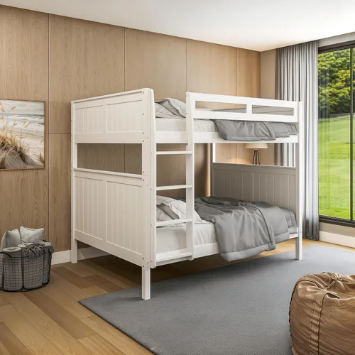 Miniatura 2 de Camaflexi Panel estilo litera de madera maciza, Twin-Over-Twin, escalera lateral adjunta, capuchino