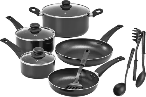 Miniatura 12 de bella Juego de utensilios de cocina con tapas de vidrio antiadherentes, superficie libre de PFOA y resistente a los arañazos, utensilios de Negro