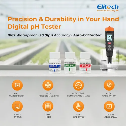 Miniatura 8 de Elitech Profesional Pluma Medidor de pH - Probador Digital para pH y Temperatura en Hidroponía, Soluciones de Crecimiento con Kit de Calibración