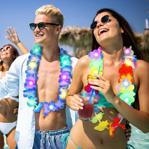 Miniatura 6 de Giegxin 12 collares con luces LED hawaianas Lei tropicales con luces LED Lei de arco iris artificial para niños y adultos, fiesta temática Hawaii